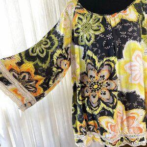 Vintage 80s oversized blouse, black, yellow, lime green flowers, bell sleeves